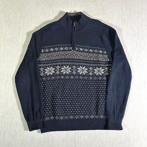 Croft & Barrow Sweater Mens Large 1/4 Zip Navy Blue Fair Isle Snowflake Holiday
